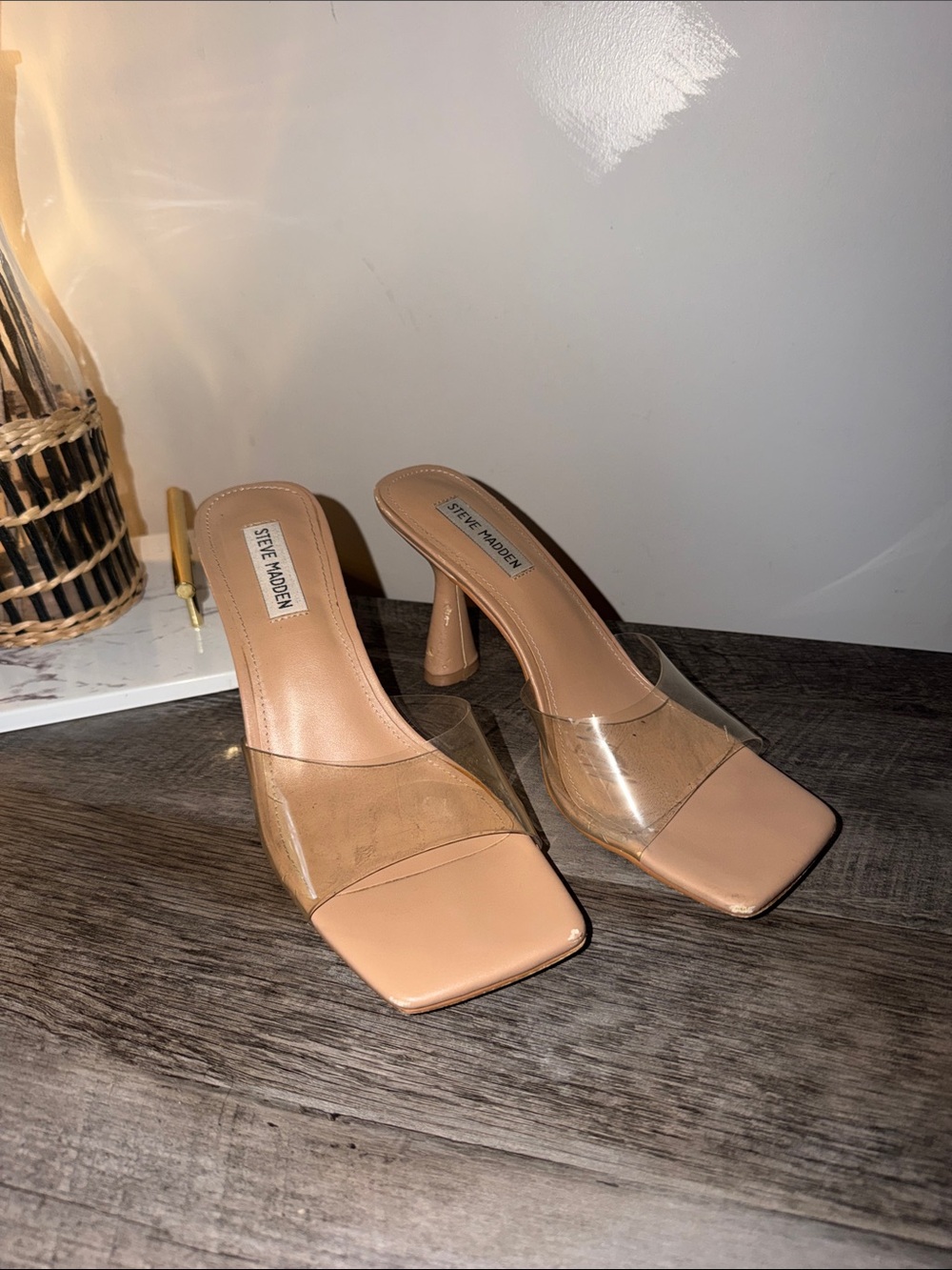 Steve Madden Beige Clear Strap Square-Toe Heels